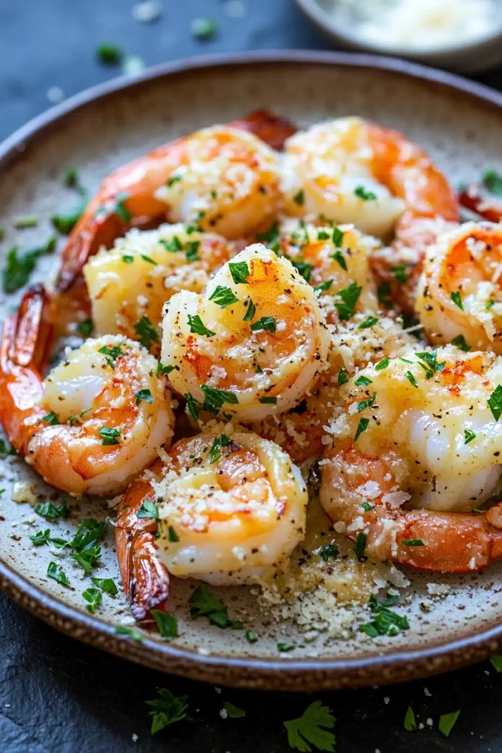 Garlic butter shrimp bake - the image shows a plate of cooked shrimp. the shrimp are orange in color and have a crispy texture. they are arranged in a circular pattern on the plate, with some overlapping each other. the dish is garnished with chopped parsley and grated parmesan cheese. the plate is sitting on a dark grey countertop, and there is a small bowl of white sauce in the background. the overall presentation of the dish is appetizing and visually appealing.