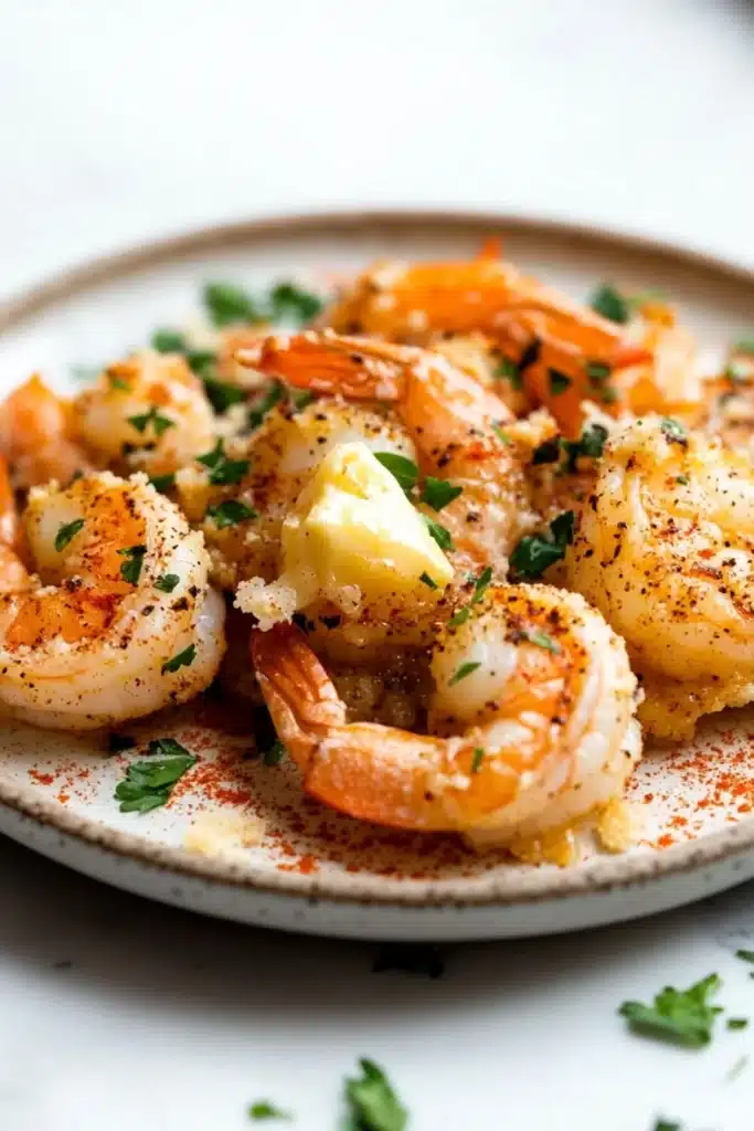 Garlic butter shrimp bake - the image shows a plate of cooked shrimp on a white plate. the shrimp are orange in color and appear to be seasoned with herbs and spices. they are arranged in a circular pattern on the plate, with some overlapping each other. on top of the shrimp, there is a small piece of butter, which is placed on top. the plate is garnished with a sprig of parsley. the background is blurred, but it appears to be a kitchen countertop.