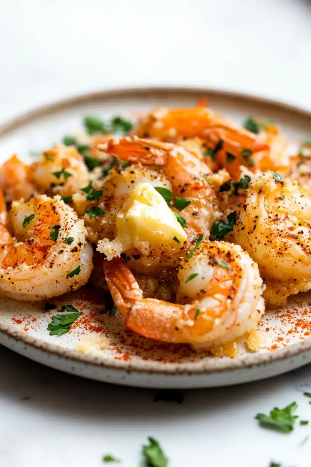 Garlic butter shrimp bake - the image shows a plate of cooked shrimp on a white plate. the shrimp are orange in color and appear to be seasoned with herbs and spices. they are arranged in a circular pattern on the plate, with some overlapping each other. on top of the shrimp, there is a small piece of butter, which is placed on top. the plate is garnished with a sprig of parsley. the background is blurred, but it appears to be a kitchen countertop.