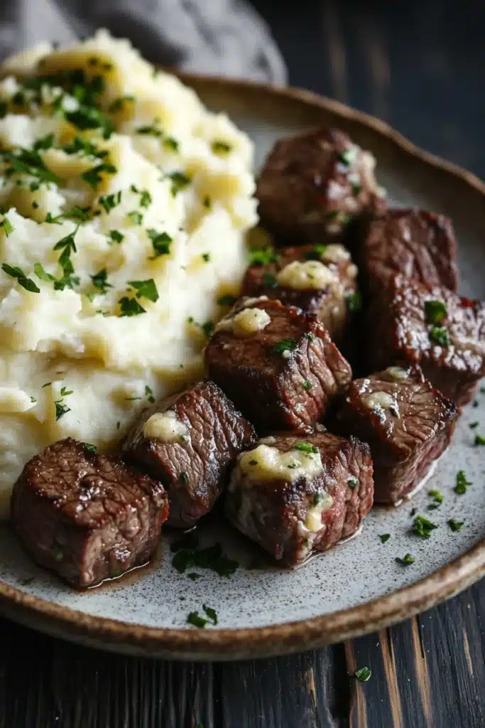 Garlic butter steak bites and mash - the image shows a plate of steak and mashed potatoes. the steak is cooked medium-rare and has a golden brown crust on the outside. the mashed potatoes are creamy and fluffy, and they are topped with a dollop of white sauce and garnished with chopped parsley. the plate is made of dark wood and is placed on a wooden table. the background is blurred, but it appears to be a rustic kitchen countertop.