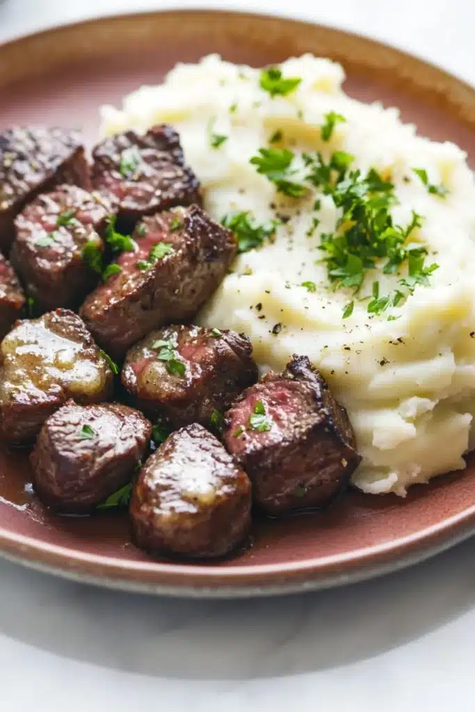 Garlic butter steak bites and mash - the image shows a plate of food with a serving of mashed potatoes and meatballs. the mashed potatoes are creamy and white, and the meatballs are dark brown in color. the plate is made of a light-colored ceramic or porcelain material and is garnished with fresh parsley. the meatballs appear to be cooked and have a crispy texture. the dish looks appetizing and ready to eat.