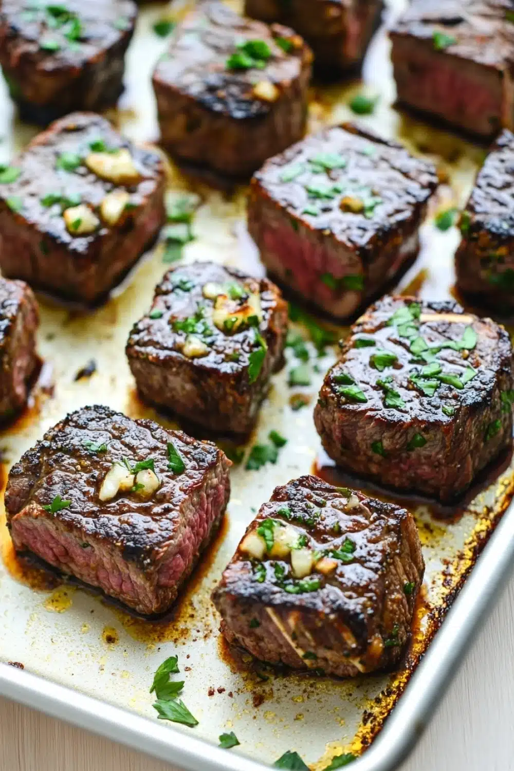 Garlic butter steak bites chuck roast - the image shows a baking tray lined with parchment paper. on the tray, there are several pieces of cooked steak arranged in a single layer. the steak appears to be medium-rare and has a pinkish-red color. it is garnished with chopped parsley and chopped nuts. the tray is sitting on a white countertop.