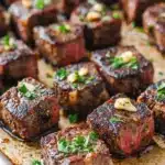 Garlic butter steak bites chuck roast - the image shows a baking tray filled with cooked steak. the steak appears to be medium-rare and has a pinkish-red color. it is garnished with chopped parsley and garlic cloves. the tray is lined with parchment paper and is sitting on a wooden table. the background is blurred, but it seems to be a kitchen countertop.
