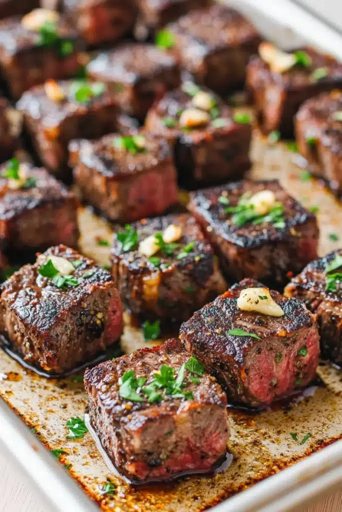 Garlic butter steak bites chuck roast - the image shows a baking tray filled with cooked steak. the steak appears to be medium-rare and has a pinkish-red color. it is garnished with chopped parsley and garlic cloves. the tray is lined with parchment paper and is sitting on a wooden table. the background is blurred, but it seems to be a kitchen countertop.