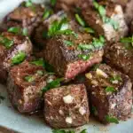 Garlic butter steak bites ingredients - the image shows a plate of cooked steak cubes. the steak cubes are dark brown in color and appear to be seasoned with herbs and spices. they are arranged in a circular pattern on the plate, with some overlapping each other. the plate is light blue with a speckled pattern, and there are a few sprigs of fresh parsley scattered around the plate. the background is blurred, but it appears to be a wooden table.