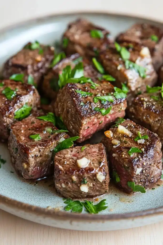 Garlic butter steak bites ingredients - the image shows a plate of cooked steak cubes. the steak cubes are dark brown in color and appear to be seasoned with herbs and spices. they are arranged in a circular pattern on the plate, with some overlapping each other. the plate is light blue with a speckled pattern, and there are a few sprigs of fresh parsley scattered around the plate. the background is blurred, but it appears to be a wooden table.