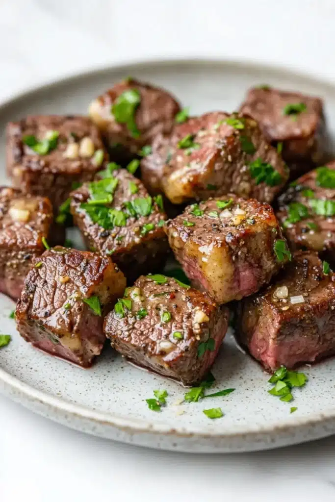 Garlic butter steak bites ingredients - the image shows a plate of cooked steak cubes. the steak cubes are arranged in a circular pattern on a white plate with a speckled texture. they are covered in a dark brown sauce and garnished with chopped parsley. the sauce appears to be drizzled over the top of the steak, giving it a glossy sheen. the dish looks appetizing and ready to eat.