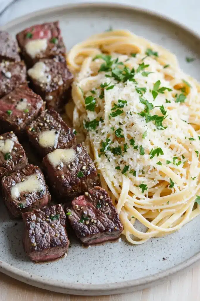 Garlic butter steak bites with linguine - the image shows a plate of food with a serving of spaghetti and meat. the plate is made of light-colored ceramic and has a speckled texture. on the left side of the plate, there are several pieces of grilled steak arranged in a circular pattern. the steak appears to be cooked medium-rare and is garnished with a sprinkle of parmesan cheese and fresh herbs. next to the steak, there is a pile of spaghetti with a generous amount of grated cheese on top. the dish is served on a wooden table with a fork and knife on the side.
