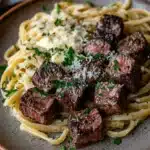 Garlic butter steak bites with linguine - the image shows a plate of spaghetti with chunks of beef and parmesan cheese on top. the plate is made of brown ceramic and is placed on a wooden table with a white napkin and a small bowl of butter in the background. the spaghetti is cooked al dente and is topped with a sprinkle of chopped parsley. the beef appears to be cooked medium-rare and has a dark brown color. the cheese is melted and bubbly on top, and there is a sprinkle on top of the meat. the overall presentation of the dish is elegant and appetizing.