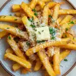 Garlic parmesan cheese fries - the image shows a plate of freshly cooked french fries. the fries are golden brown and appear to be crispy on the outside. they are topped with a generous amount of grated parmesan cheese and sprinkled with chopped parsley. the plate is round and has a light brown rim. the background is a white wooden table with a few sprigs of parsley scattered around.