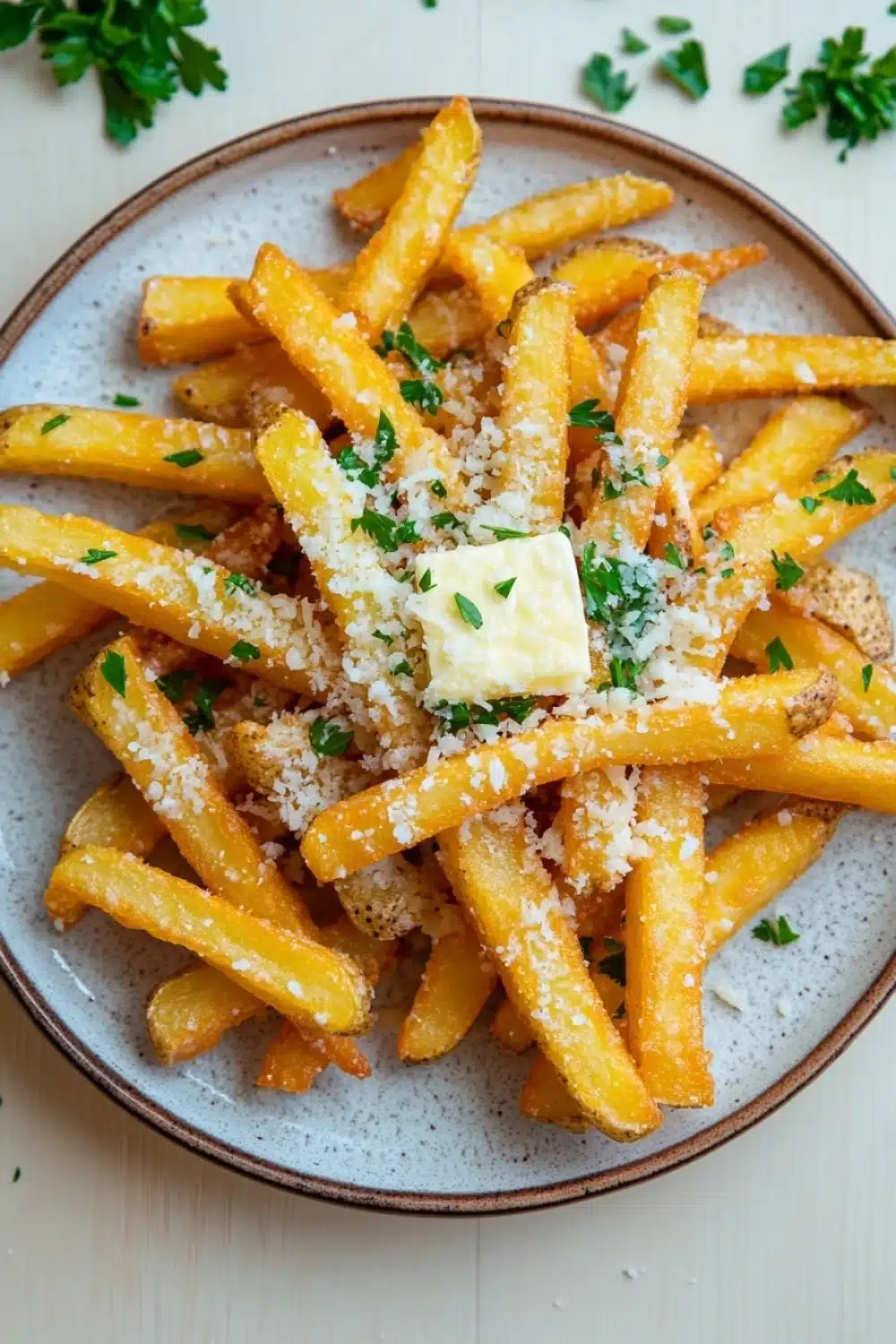 Garlic parmesan cheese fries - the image shows a plate of freshly cooked french fries. the fries are golden brown and appear to be crispy on the outside. they are topped with a generous amount of grated parmesan cheese and sprinkled with chopped parsley. the plate is round and has a light brown rim. the background is a white wooden table with a few sprigs of parsley scattered around.