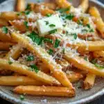 Garlic parmesan cheese fries - the image shows a plate of french fries on a wooden table. the fries are golden brown and appear to be freshly cooked. they are arranged in a circular pattern on the plate, with some overlapping each other. on top of the fries, there is a generous amount of grated parmesan cheese and a dollop of melted butter. there are also a few sprigs of fresh parsley scattered around the plate. the plate is made of ceramic and has a rustic, weathered look.