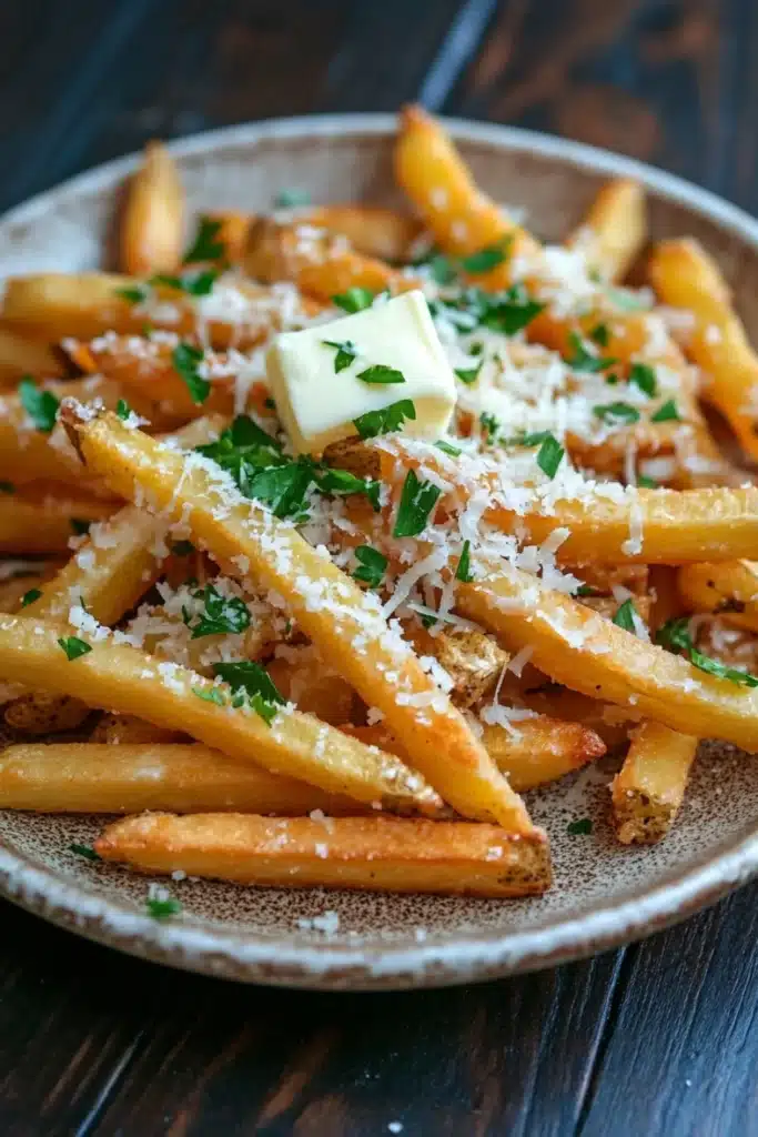 Garlic parmesan cheese fries - the image shows a plate of french fries on a wooden table. the fries are golden brown and appear to be freshly cooked. they are arranged in a circular pattern on the plate, with some overlapping each other. on top of the fries, there is a generous amount of grated parmesan cheese and a dollop of melted butter. there are also a few sprigs of fresh parsley scattered around the plate. the plate is made of ceramic and has a rustic, weathered look.
