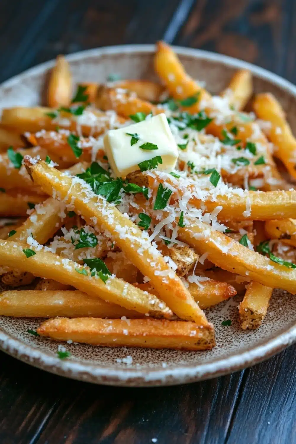 Garlic parmesan cheese fries - the image shows a plate of french fries on a wooden table. the fries are golden brown and appear to be freshly cooked. they are arranged in a circular pattern on the plate, with some overlapping each other. on top of the fries, there is a generous amount of grated parmesan cheese and a dollop of melted butter. there are also a few sprigs of fresh parsley scattered around the plate. the plate is made of ceramic and has a rustic, weathered look.