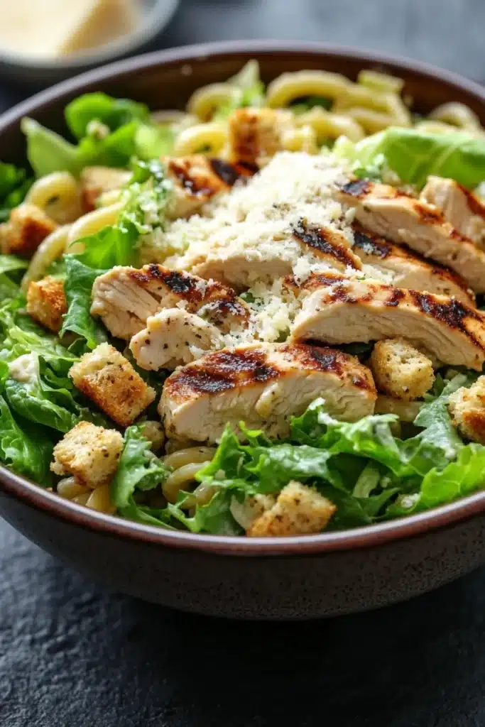 Gluten free chicken caesar pasta salad - the image is a close-up of a bowl of pasta salad. the bowl is made of dark brown ceramic and is placed on a dark grey countertop. the salad is made up of a bed of green leafy vegetables, possibly lettuce or arugula, and is topped with sliced chicken and croutons. the chicken is cooked to a golden brown color and appears to be seasoned with herbs and spices. there is also a sprinkle of parmesan cheese on top of the chicken. in the background, there is a small bowl of creamy dressing.