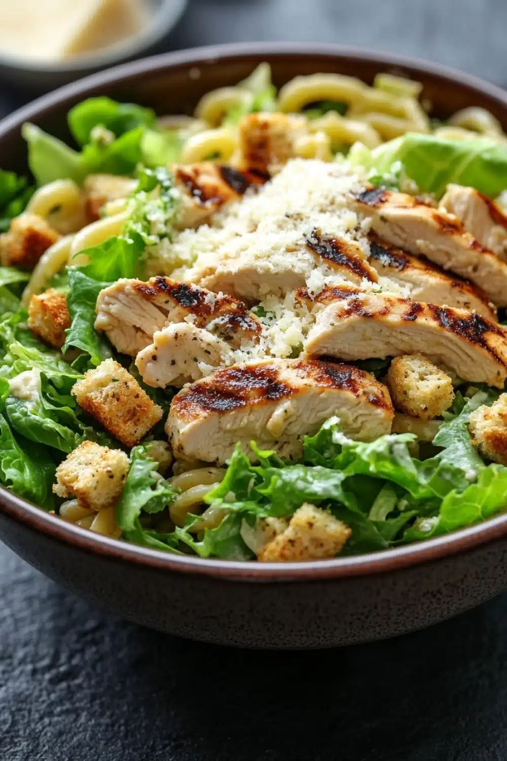 Gluten free chicken caesar pasta salad - the image is a close-up of a bowl of pasta salad. the bowl is made of dark brown ceramic and is placed on a dark grey countertop. the salad is made up of a bed of green leafy vegetables, possibly lettuce or arugula, and is topped with sliced chicken and croutons. the chicken is cooked to a golden brown color and appears to be seasoned with herbs and spices. there is also a sprinkle of parmesan cheese on top of the chicken. in the background, there is a small bowl of creamy dressing.
