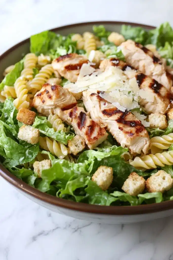 Gluten free chicken caesar pasta salad - the image is a close-up of a bowl of pasta salad. the salad is made up of spiral pasta, arugula, and croutons. the pasta is cooked al dente and appears to be seasoned with herbs and spices. on top of the pasta, there are grilled chicken pieces that have been grilled to a golden brown color. the chicken pieces are arranged in a circular pattern and are scattered throughout the salad. there is also a sprinkle of grated parmesan cheese on top. the bowl is sitting on a white marble countertop.