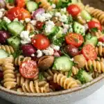 Greek pasta salad vegan - the image is of a bowl of pasta salad. the bowl is made of ceramic and is sitting on a white marble countertop. the pasta salad is made up of spiral pasta, cherry tomatoes, cucumbers, olives, and feta cheese. the colors of the ingredients are vibrant and the dish looks fresh and appetizing.