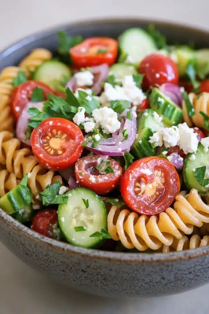 Greek pasta salad vegan - the image is a close-up of a bowl of pasta salad. the bowl is made of ceramic and is sitting on a white countertop. the pasta salad is made up of spiral pasta, sliced tomatoes, cucumbers, red onions, and feta cheese. the tomatoes are bright red and appear to be ripe, while the cucumbers are green and juicy. the feta is crumbled and scattered throughout the salad, adding a creamy texture. there are also some fresh herbs and cilantro scattered throughout. the overall color scheme of the salad is vibrant and appetizing.