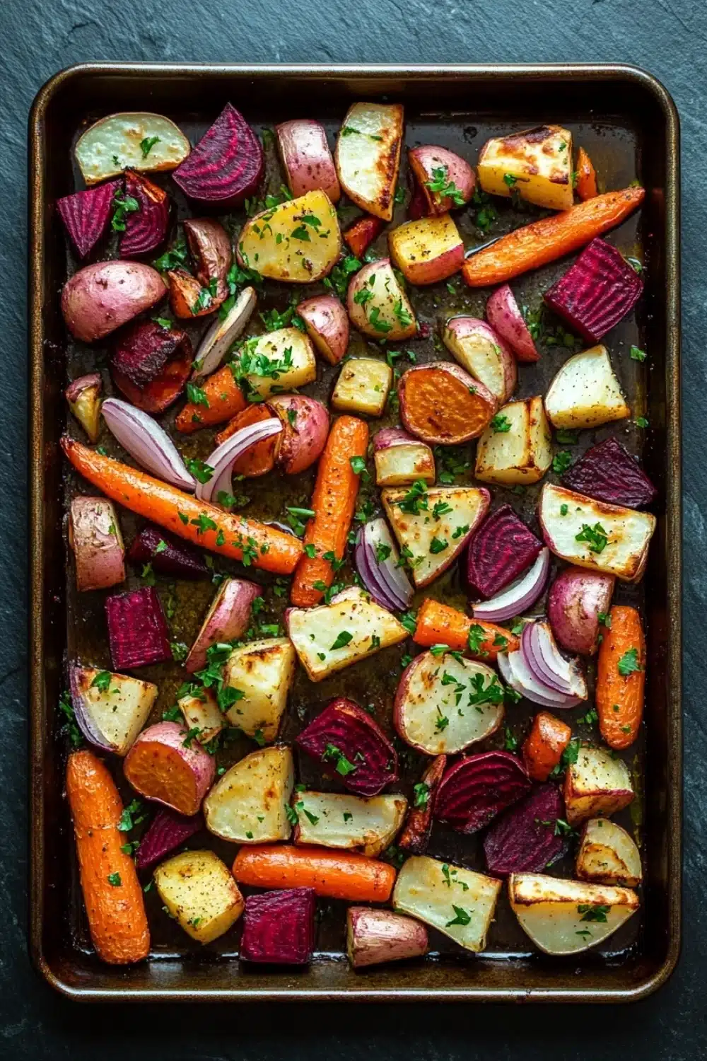 Greek roasted root vegetables - the image shows a rectangular baking tray filled with roasted vegetables. the vegetables are arranged in a single layer on the tray, with some overlapping each other. the carrots, beets, and onions are cut into small cubes and are garnished with chopped parsley. the tray is sitting on a dark grey countertop. the overall appearance of the dish is colorful and appetizing.