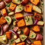 Greek roasted root vegetables - the image shows a baking tray filled with roasted vegetables. the vegetables are cut into small cubes and are arranged in a single layer on the tray. the carrots are orange in color and appear to be seasoned with herbs and spices. there are also some red onions scattered throughout the tray, adding a pop of color to the dish. the tray is lined with parchment paper and is sitting on a wooden surface.