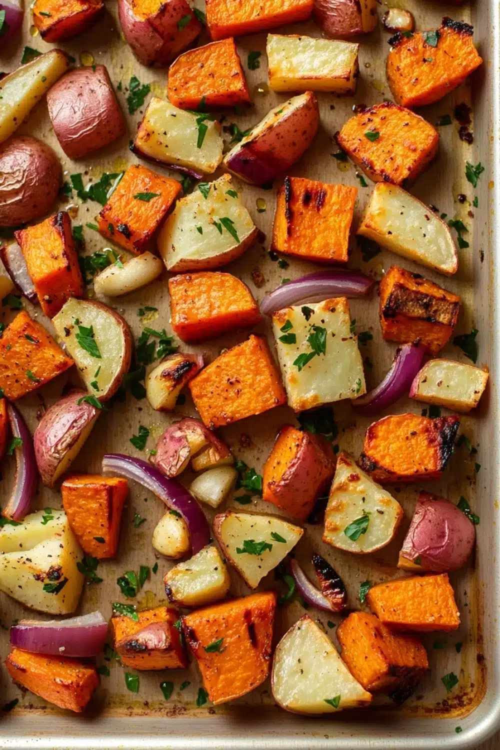 Greek roasted root vegetables - the image shows a baking tray filled with roasted vegetables. the vegetables are cut into small cubes and are arranged in a single layer on the tray. the carrots are orange in color and appear to be seasoned with herbs and spices. there are also some red onions scattered throughout the tray, adding a pop of color to the dish. the tray is lined with parchment paper and is sitting on a wooden surface.