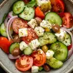 Greek salad - the image is a close-up of a colorful salad in a bowl. the salad is made up of sliced cucumbers, cherry tomatoes, red onions, olives, and feta cheese. the cucumbers are cut into thin slices and are arranged in a circular pattern. the tomatoes are bright red and appear to be ripe and juicy. the olives are scattered throughout the salad, adding a pop of green color to the dish. the feta is crumbled and adds a creamy texture to the overall appearance. the bowl is made of light-colored ceramic and is sitting on a wooden table.