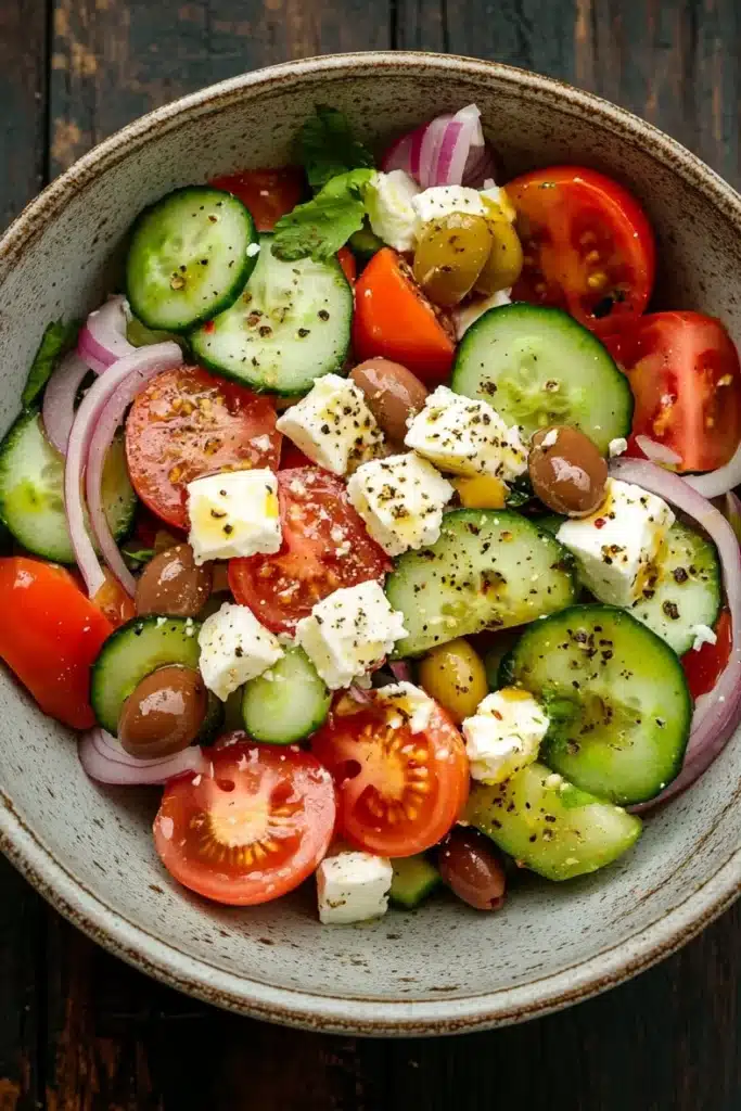 Greek salad - the image is a close-up of a colorful salad in a bowl. the salad is made up of sliced cucumbers, cherry tomatoes, red onions, olives, and feta cheese. the cucumbers are cut into thin slices and are arranged in a circular pattern. the tomatoes are bright red and appear to be ripe and juicy. the olives are scattered throughout the salad, adding a pop of green color to the dish. the feta is crumbled and adds a creamy texture to the overall appearance. the bowl is made of light-colored ceramic and is sitting on a wooden table.