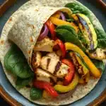 Grilled chicken and veggie wrap - the image shows a plate with a tortilla wrap on it. the tortilla is filled with grilled chicken, sliced red and yellow bell peppers, zucchini, and red onions. the chicken is cooked to a golden brown color and appears to be seasoned with herbs and spices. the vegetables are arranged in a colorful and appetizing manner, with some leaves scattered around the tortilla. the plate is brown and has a textured surface. the background is dark, making the colors of the food stand out.