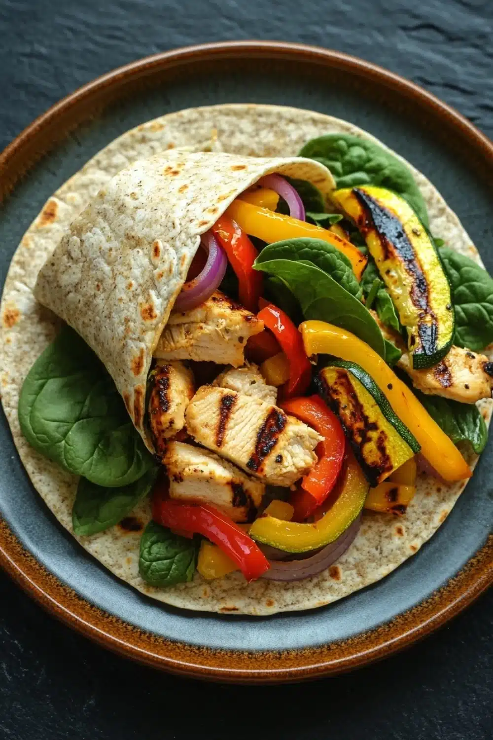 Grilled chicken and veggie wrap - the image shows a plate with a tortilla wrap on it. the tortilla is filled with grilled chicken, sliced red and yellow bell peppers, zucchini, and red onions. the chicken is cooked to a golden brown color and appears to be seasoned with herbs and spices. the vegetables are arranged in a colorful and appetizing manner, with some leaves scattered around the tortilla. the plate is brown and has a textured surface. the background is dark, making the colors of the food stand out.