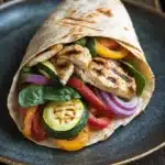 Grilled chicken and veggie wrap - the image shows a wrap on a black plate. the wrap is made of tortilla and is filled with grilled chicken, sliced red and yellow bell peppers, sliced cucumbers, and red onions. the chicken is cooked to a golden brown color and appears to be seasoned with herbs and spices. the vegetables are arranged in a colorful and appetizing manner, with some leaves still attached to the wrap. the plate is sitting on a wooden table.