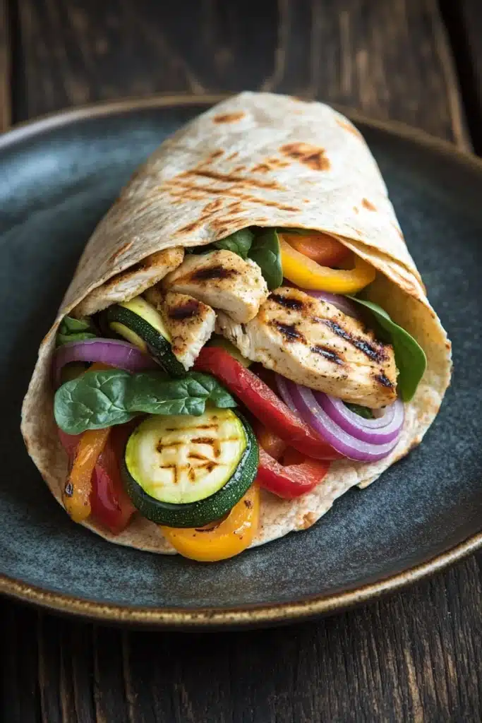Grilled chicken and veggie wrap - the image shows a wrap on a black plate. the wrap is made of tortilla and is filled with grilled chicken, sliced red and yellow bell peppers, sliced cucumbers, and red onions. the chicken is cooked to a golden brown color and appears to be seasoned with herbs and spices. the vegetables are arranged in a colorful and appetizing manner, with some leaves still attached to the wrap. the plate is sitting on a wooden table.