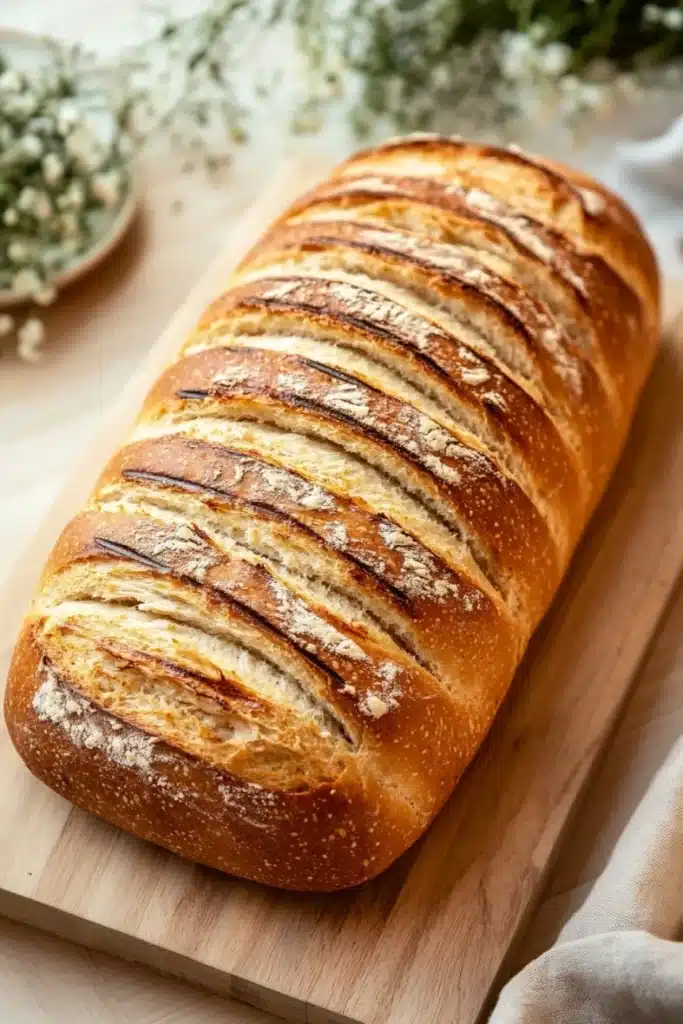 Grilled chicken sandwich bread - the image shows a long loaf of bread on a wooden cutting board. the bread appears to be freshly baked, with a golden brown crust and a soft, fluffy interior. the slices of bread are arranged in a diagonal pattern, with the top half of the loaf slightly overlapping the bottom half. the edges of the bread are slightly frayed, indicating that it has been freshly baked. in the background, there is a small bowl of white flowers and a sprig of greenery, suggesting that the bread is being prepared for baking. the cutting board is placed on a white tablecloth, and there are a few white napkins scattered around the table.