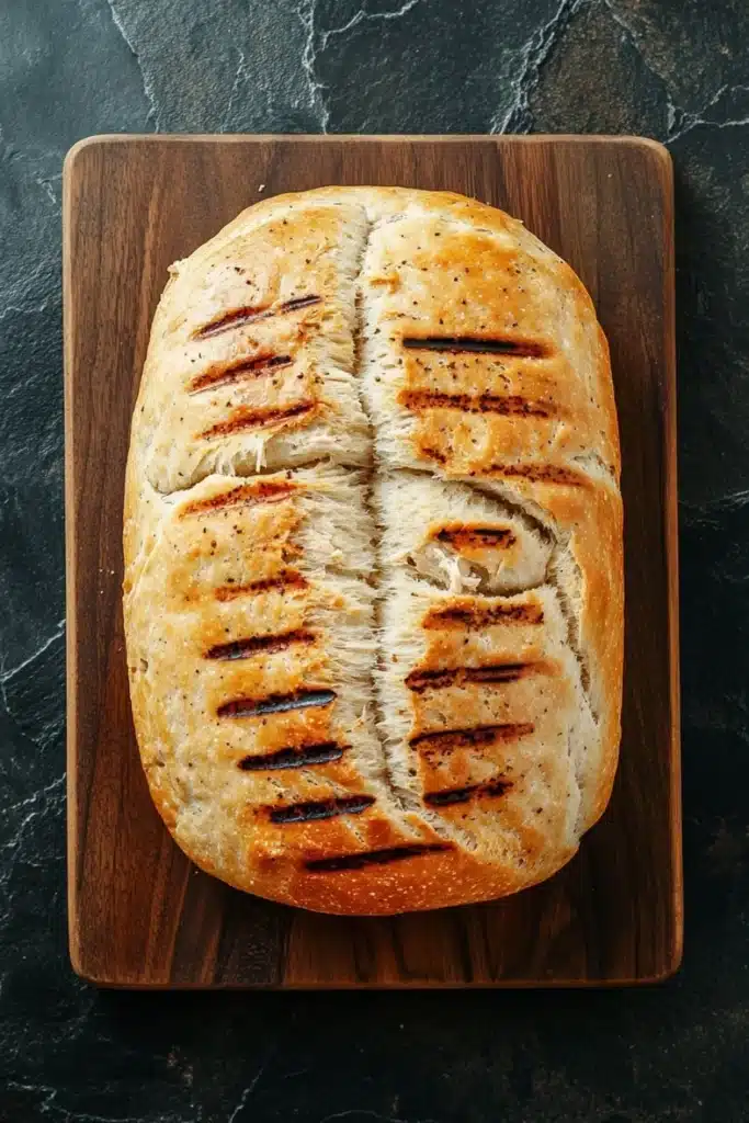 Grilled chicken sandwich bread - the image shows a loaf of bread on a wooden cutting board. the bread appears to be freshly baked and has a golden brown crust on top. the slices of bread are arranged in a criss-cross pattern, with each slice slightly overlapping the one below it. the cutting board is placed on a dark grey marble countertop. the overall mood of the image is rustic and appetizing.