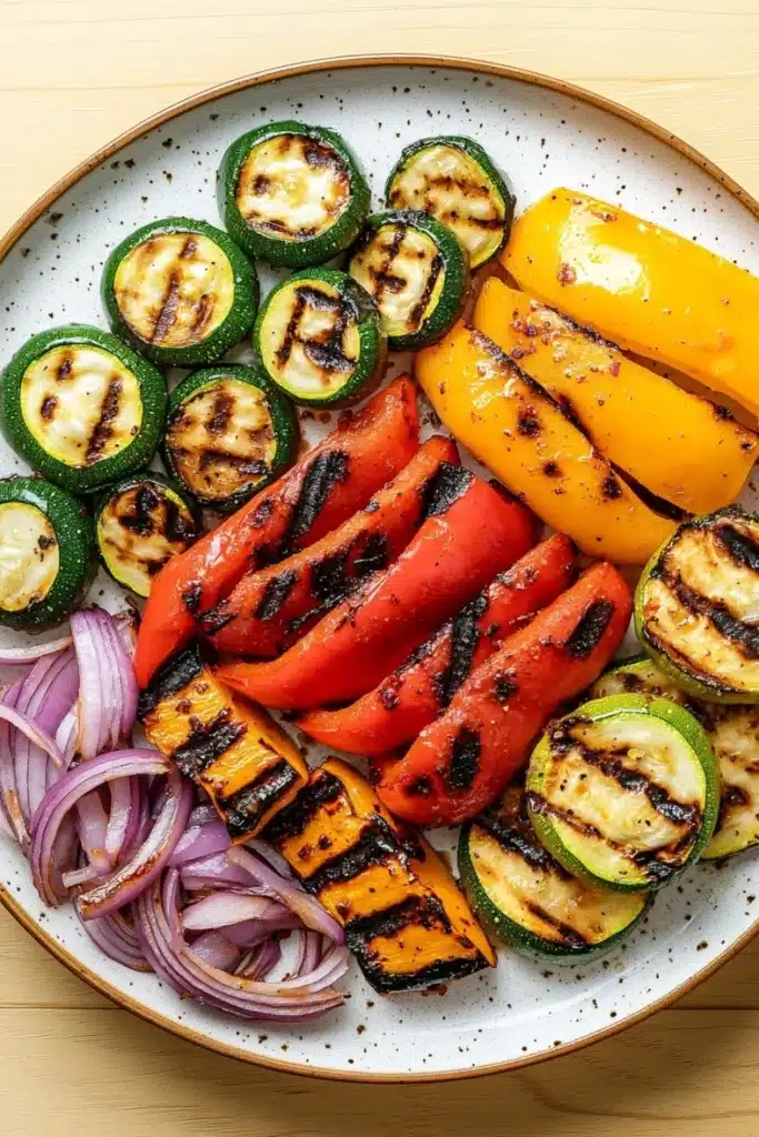 Grilled vegetables in air fryer - the image is a close-up of a plate of grilled vegetables. the plate is white with a speckled pattern and is placed on a wooden table. the vegetables are arranged in a circular pattern on the plate. on the left side of the plate, there are several zucchini and bell peppers, which are cut into small cubes and have a golden-brown color. next to the peppers, there is a pile of sliced red onions. the peppers are grilled to a golden brown color and appear to be seasoned with herbs and spices. the overall appearance of the dish is colorful and appetizing.