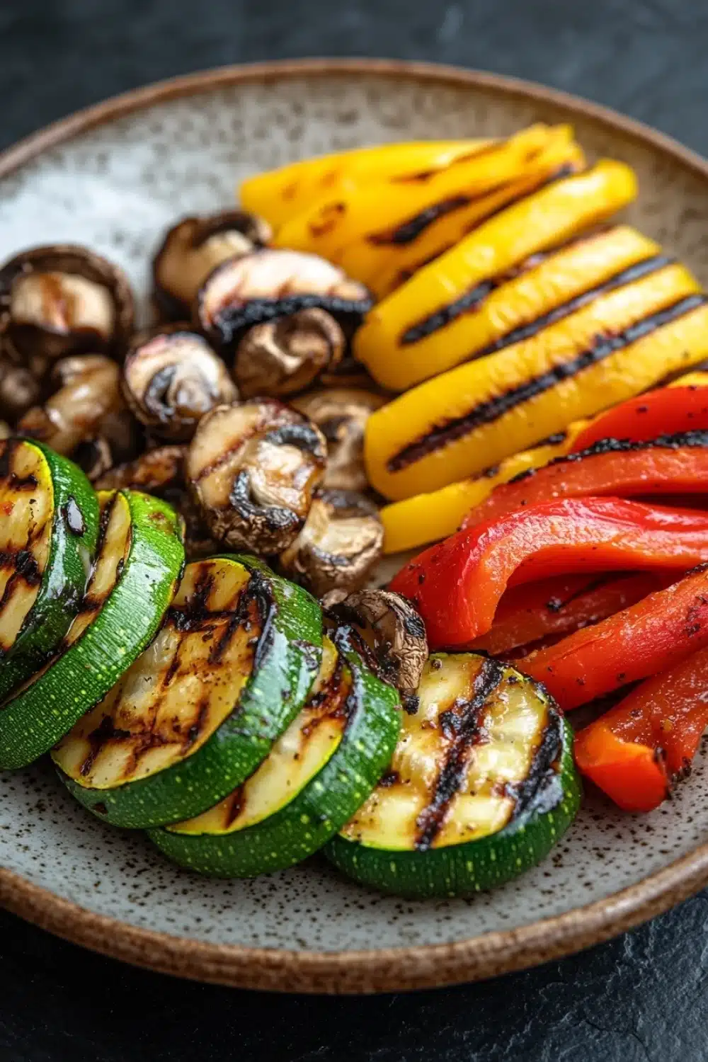 Grilled vegetables in air fryer - the image is a close-up of a plate of grilled vegetables. the plate is made of a light-colored ceramic with a speckled pattern. on the left side of the plate, there are several slices of zucchini, which are grilled to a golden brown color and have a crispy texture. next to them, there is a pile of sliced yellow and red bell peppers and sliced mushrooms. the vegetables are arranged in a circular pattern on the plate. the background is dark, making the colors of the vegetables stand out.