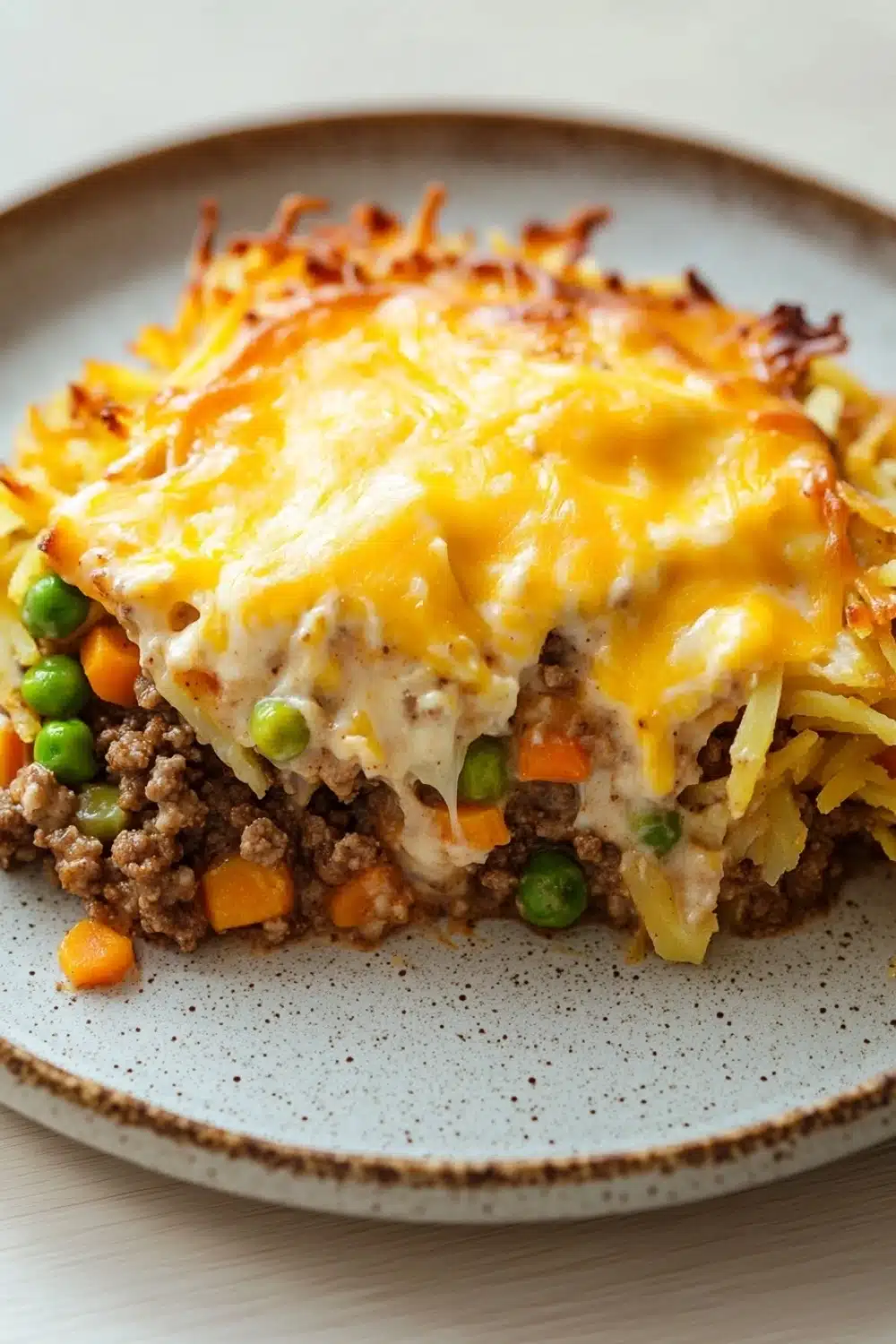 Ground beef casserole with hashbrowns - the image shows a plate of lasagna on a white tablecloth. the lasagna is layered with layers of ground beef, peas, carrots, and other vegetables. the top layer is covered in melted cheese, which is a bright yellow color. the cheese appears to be melted and bubbly, and the edges of the lasagna are golden brown. the plate is round and has a speckled pattern around the edges.