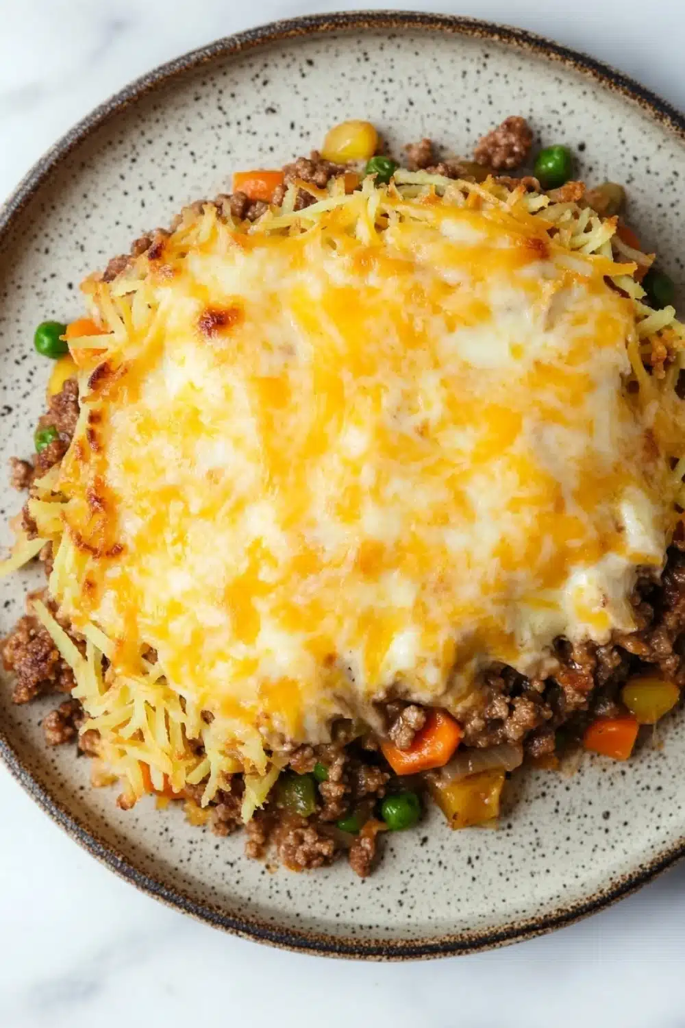 Ground beef casserole with hashbrowns - the image is a close-up of a dish on a white marble countertop. the dish appears to be a casserole or lasagna, with a layer of ground beef and melted cheese on top. the cheese is golden brown and bubbly, and it is spread evenly over the top of the dish. there are also small pieces of green peas scattered throughout the dish, adding a pop of color. the plate is round and has a speckled pattern around the edges.