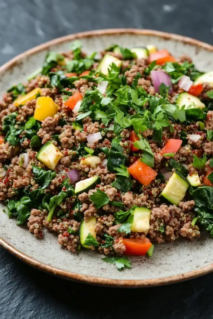 Ground beef dinner high protein - the image is a close-up of a plate of food. the plate is round and has a light brown color. the food appears to be a salad with a variety of ingredients, including quinoa, sliced cucumbers, red onions, yellow bell peppers, and green leafy vegetables. the quinoa is mixed with herbs and spices, and the vegetables are arranged in a colorful and appetizing manner. the dish is garnished with fresh cilantro leaves. the background is a dark grey countertop.