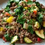 Ground beef dinner high protein - the image is a close-up of a plate of food. the plate is white with a speckled pattern and is placed on a wooden table. the food appears to be a salad with a variety of ingredients, including quinoa, sliced zucchini, red bell peppers, and green leafy vegetables. the quinoa is a light brown color and is mixed with the vegetables, creating a colorful and appetizing appearance. the vegetables are arranged in a circular pattern on the plate, with some overlapping each other. the overall color palette of the dish is warm and earthy, with shades of green, yellow, and red.