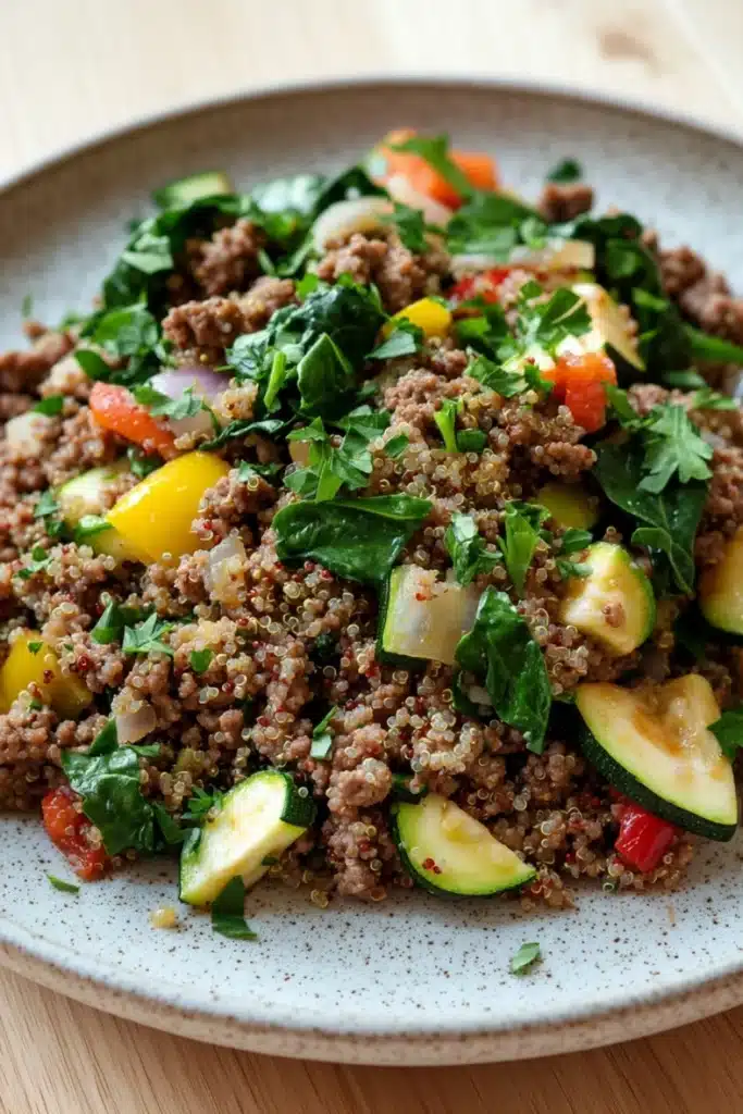 Ground beef dinner high protein - the image is a close-up of a plate of food. the plate is white with a speckled pattern and is placed on a wooden table. the food appears to be a salad with a variety of ingredients, including quinoa, sliced zucchini, red bell peppers, and green leafy vegetables. the quinoa is a light brown color and is mixed with the vegetables, creating a colorful and appetizing appearance. the vegetables are arranged in a circular pattern on the plate, with some overlapping each other. the overall color palette of the dish is warm and earthy, with shades of green, yellow, and red.