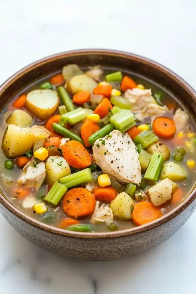 Hearty chicken vegetable soup crock pot - the image is a close-up of a bowl of soup. the soup appears to be a vegetable soup with chunks of chicken, carrots, celery, corn, and potatoes. the vegetables are mixed in with the soup, creating a colorful and appetizing appearance. the bowl is made of ceramic and has a dark brown color. the background is a white marble countertop.