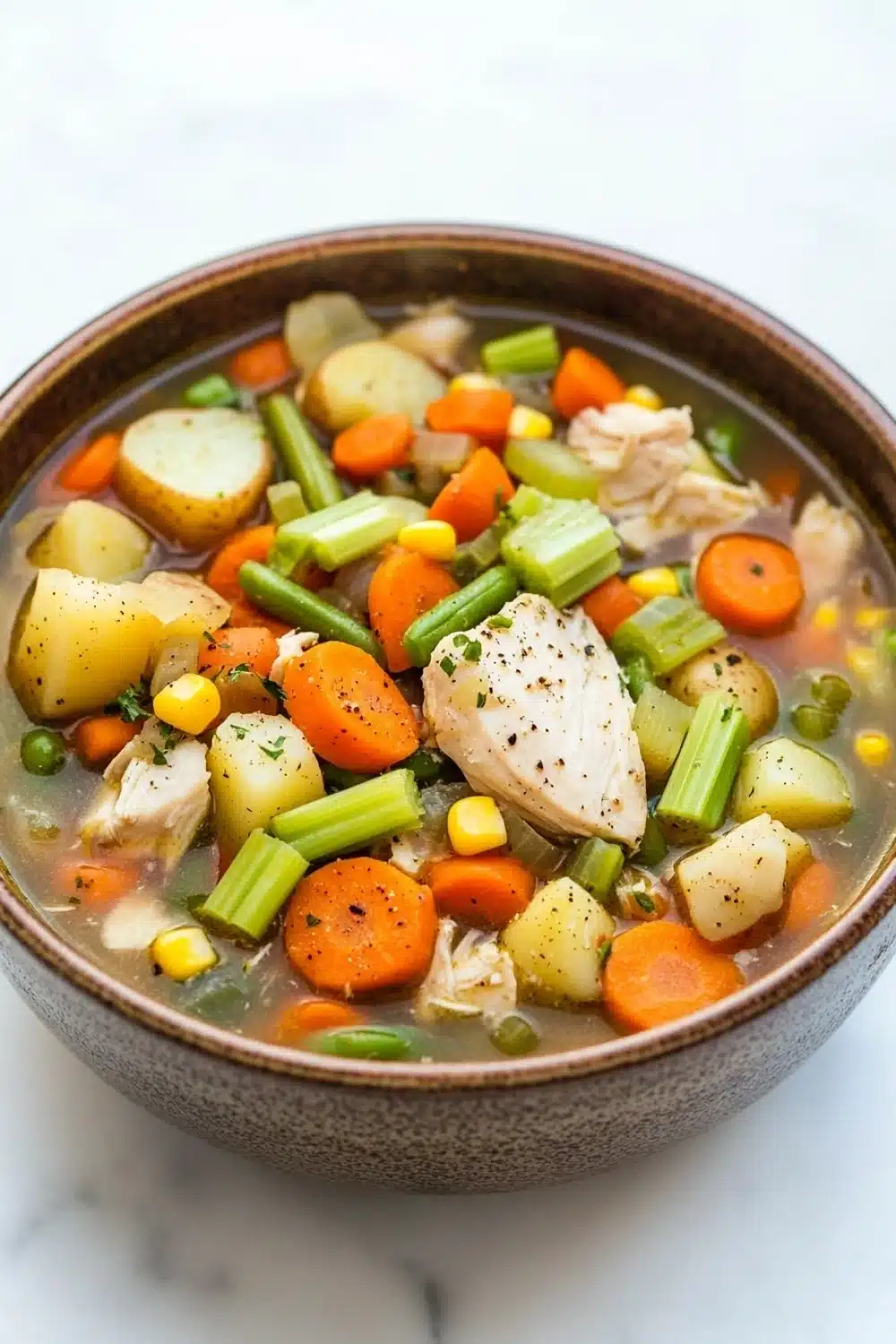 Hearty chicken vegetable soup crock pot - the image is a close-up of a bowl of soup. the soup appears to be a vegetable soup with chunks of chicken, carrots, celery, corn, and potatoes. the vegetables are mixed in with the soup, creating a colorful and appetizing appearance. the bowl is made of ceramic and has a dark brown color. the background is a white marble countertop.