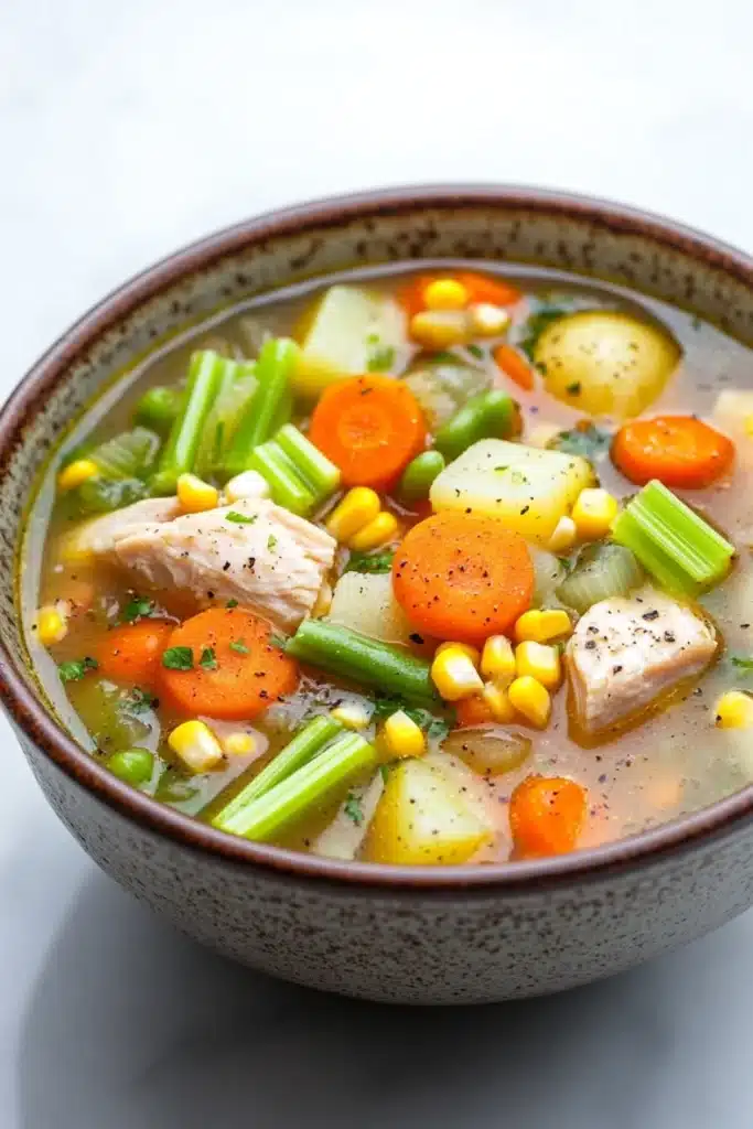 Hearty chicken vegetable soup crock pot - the image is a close-up of a bowl of soup. the soup appears to be a vegetable soup with chunks of chicken, carrots, celery, corn, and other vegetables mixed in. the bowl is made of ceramic and has a brown and white speckled pattern. the broth is a light brown color and looks thick and creamy. the vegetables are bright orange and appear to be fresh and vibrant. the chicken is visible in the center of the soup, with a sprinkle of herbs on top. the background is white, making the colors of the vegetables stand out.