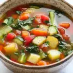 Hearty vegetable soup vegetarian - the image is a close-up of a bowl of soup. the soup appears to be a vegetable soup with chunks of carrots, celery, and other vegetables mixed in. the bowl is made of ceramic and has a speckled pattern on the sides. the broth is a light brown color and is thick and creamy. there are also some herbs and spices scattered throughout the soup, including cilantro and parsley. the background is a white marble countertop.