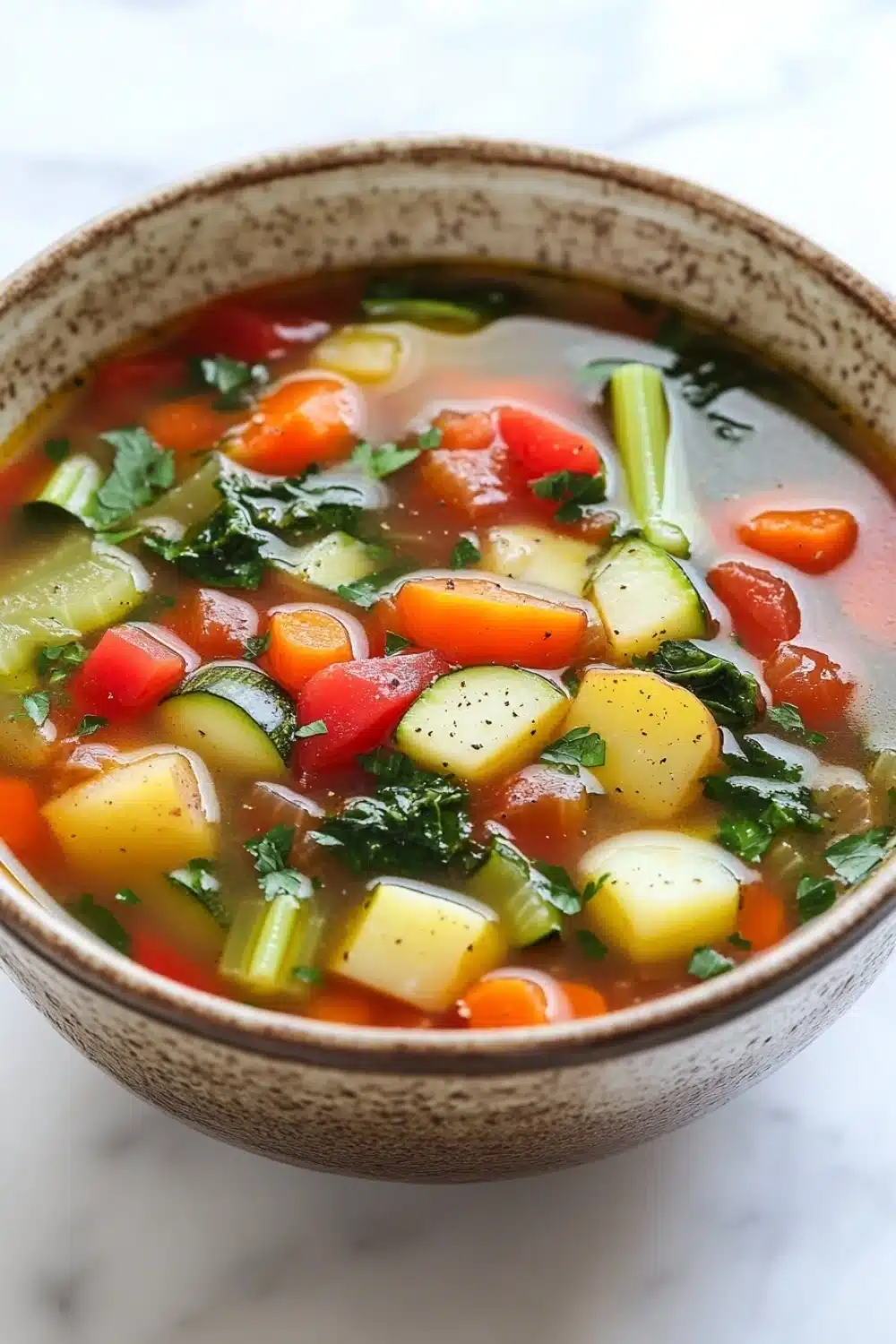 Hearty vegetable soup vegetarian - the image is a close-up of a bowl of soup. the soup appears to be a vegetable soup with chunks of carrots, celery, and other vegetables mixed in. the bowl is made of ceramic and has a speckled pattern on the sides. the broth is a light brown color and is thick and creamy. there are also some herbs and spices scattered throughout the soup, including cilantro and parsley. the background is a white marble countertop.