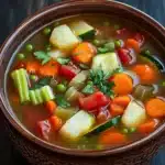Hearty vegetable soup vegetarian - the image is a close-up of a bowl of soup on a wooden table. the soup appears to be a vegetable soup with chunks of carrots, celery, and other vegetables mixed in. the bowl is made of ceramic and has a dark brown color. the vegetables are bright orange and appear to be fresh and vibrant. there are also some green herbs scattered throughout the soup, adding a pop of color to the dish. the background is blurred, making the bowl the focal point of the image.