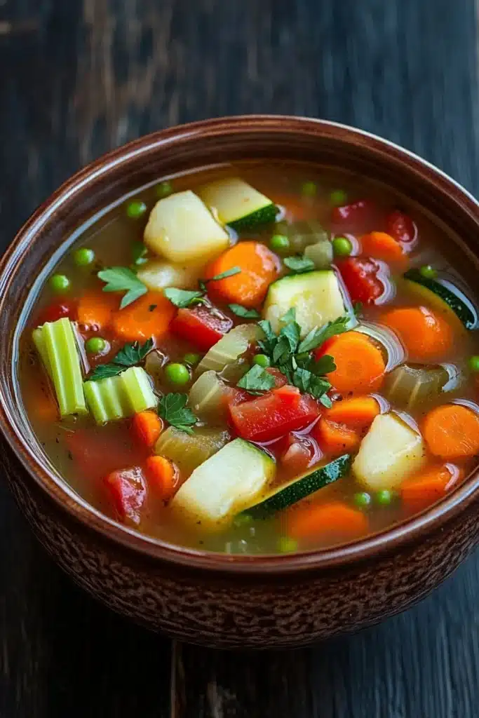 Hearty vegetable soup vegetarian - the image is a close-up of a bowl of soup on a wooden table. the soup appears to be a vegetable soup with chunks of carrots, celery, and other vegetables mixed in. the bowl is made of ceramic and has a dark brown color. the vegetables are bright orange and appear to be fresh and vibrant. there are also some green herbs scattered throughout the soup, adding a pop of color to the dish. the background is blurred, making the bowl the focal point of the image.