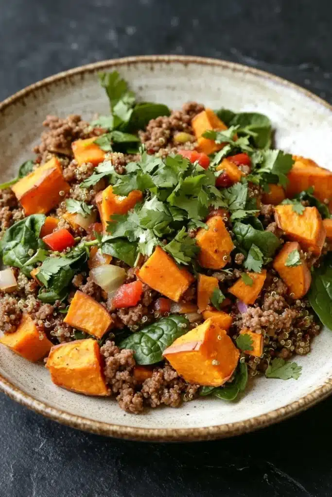 High protein beef and sweet potato bowl - the image is a close-up of a plate of food. the plate is made of a light-colored ceramic bowl with a beige rim. the food appears to be a salad with a variety of ingredients, including quinoa, sweet potatoes, spinach, and red bell peppers. the quinoa is a dark brown color and is mixed with the sweet potatoes and spinach. the dish is garnished with fresh cilantro leaves. the background is dark, making the colors of the food stand out.
