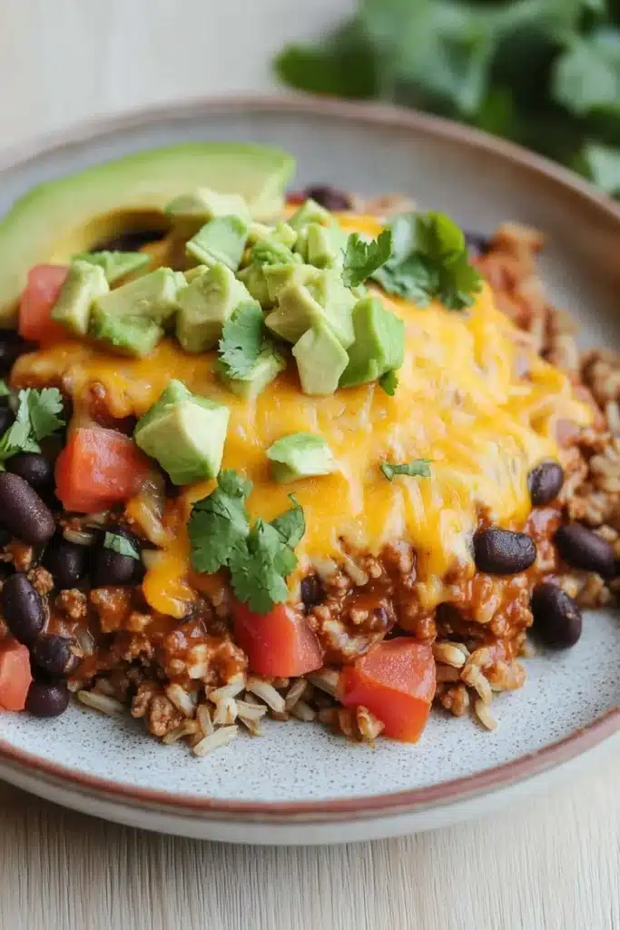 High protein beef enchilada bowls - the image is a close-up of a plate of food. the plate is white with a blue rim and is placed on a wooden table. the food appears to be a dish made with ground beef, black beans, and rice. on top of the beef, there is a layer of melted cheese and sliced avocado. there are also some fresh cilantro scattered around the plate. the background is blurred, but it seems like the plate is in a kitchen or dining area.
